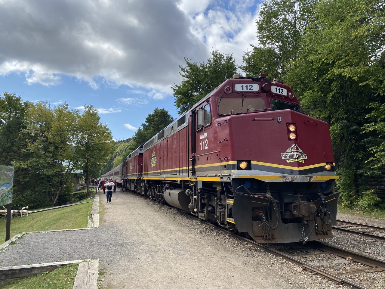 The Agawa Canyon Tour Train passing through vivid fall-coloured forest in Algoma Country, Ontario