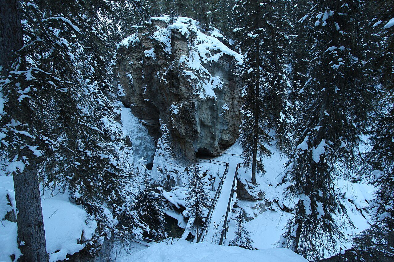 Frozen waterfall formations along Johnston Canyon in Banff National Park in winter