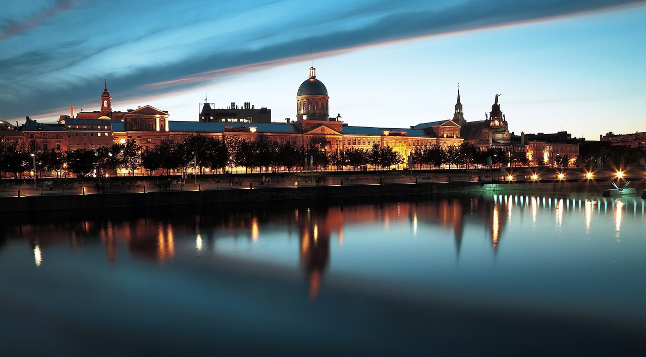 Montreal Old Port skyline along the St. Lawrence River during festival season