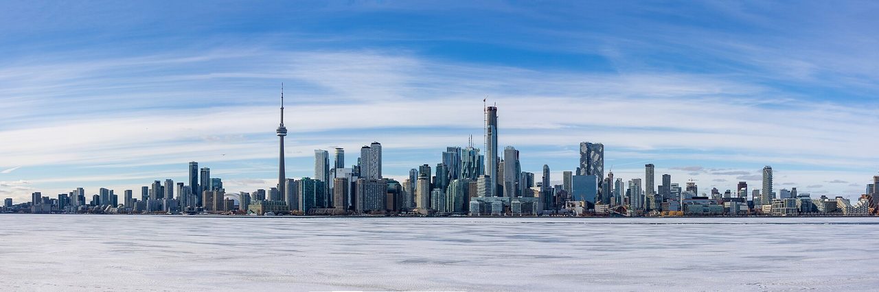 Toronto skyline with the CN Tower seen from Algonquin Island on a clear late-winter day
