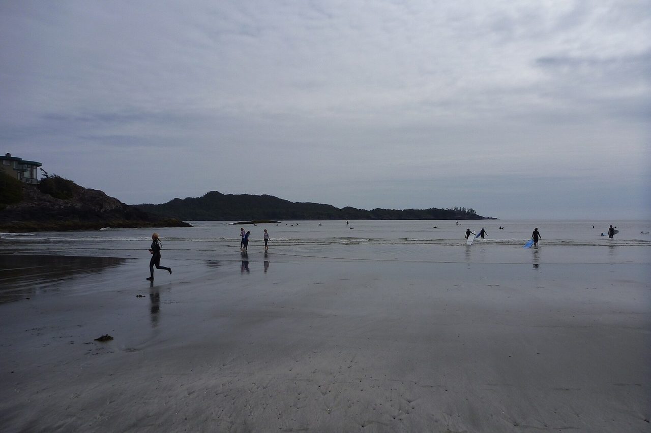 Wide sandy beach and driftwood at Chesterman Beach near Tofino on Vancouver Island's west coast