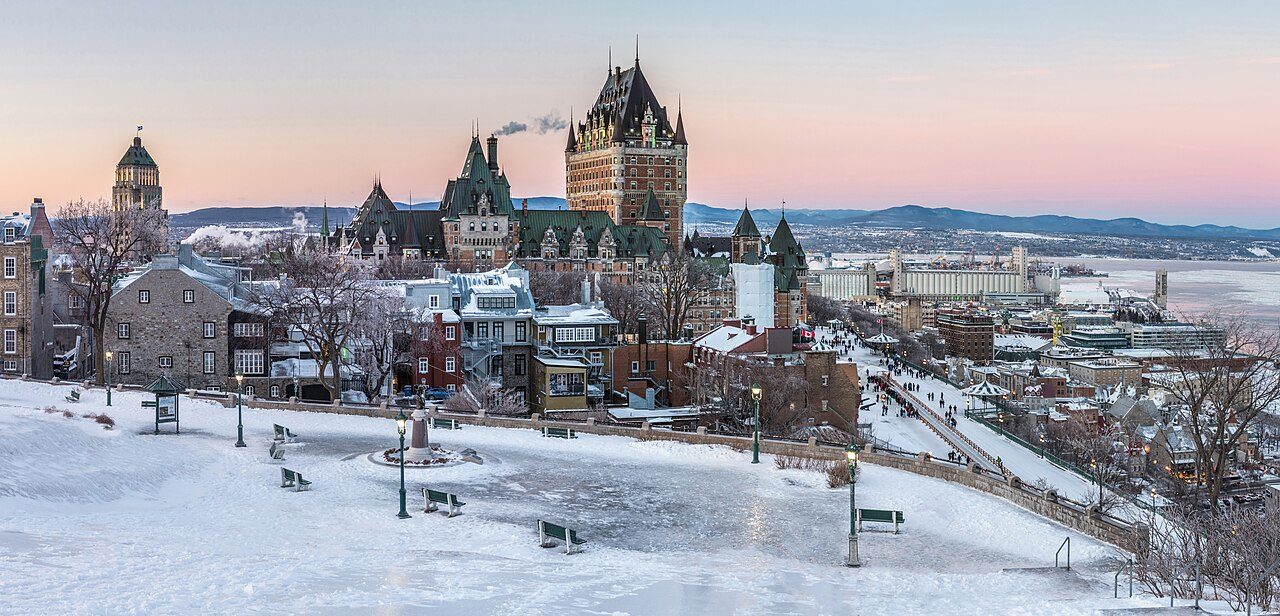 Fairmont Le Château Frontenac dusted with ice after a freezing rain day in Quebec City