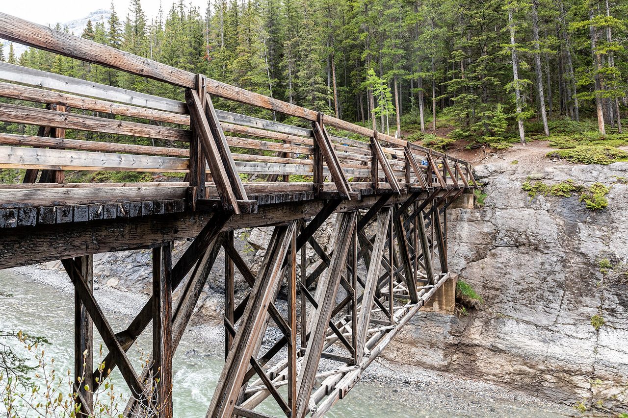 Stewart Canyon valley in Banff National Park with forested slopes