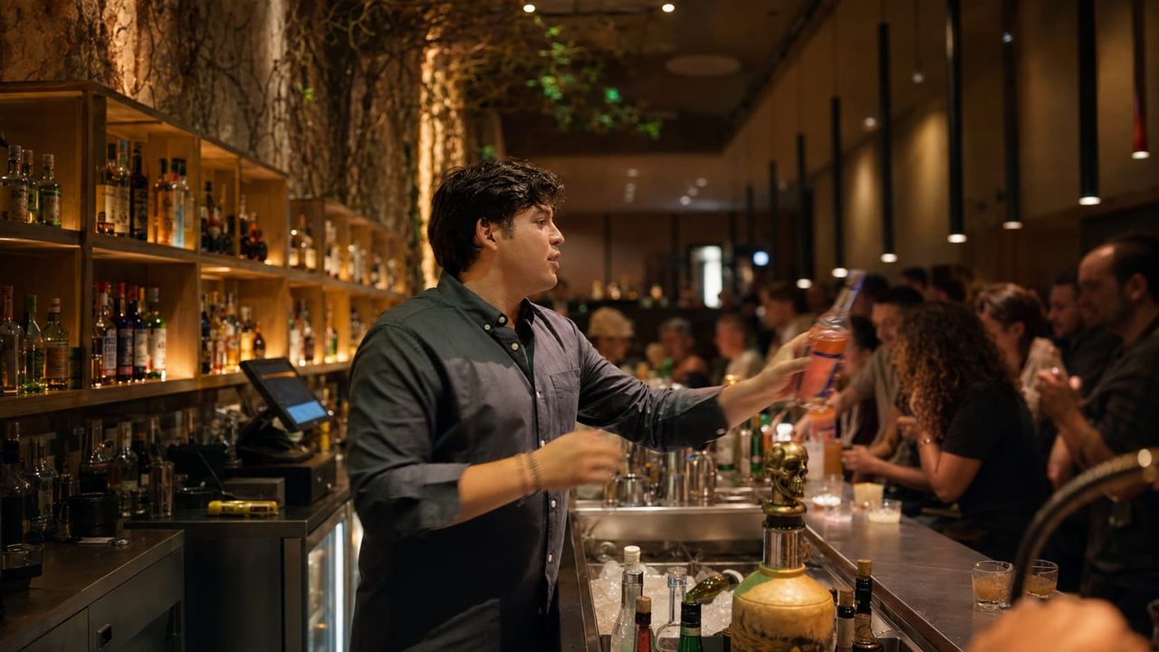Bartender serving a cocktail at a busy bar during evening service