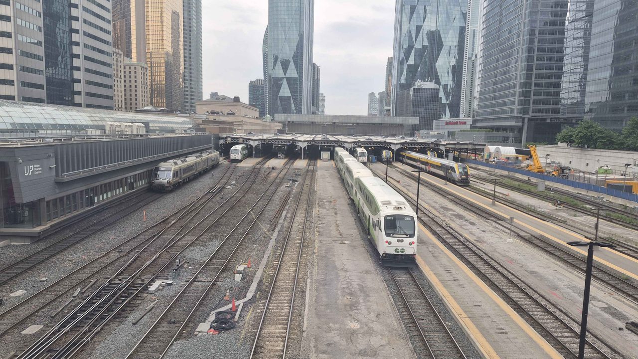 Eight trains lined up at Toronto Union Station platforms in June 2026