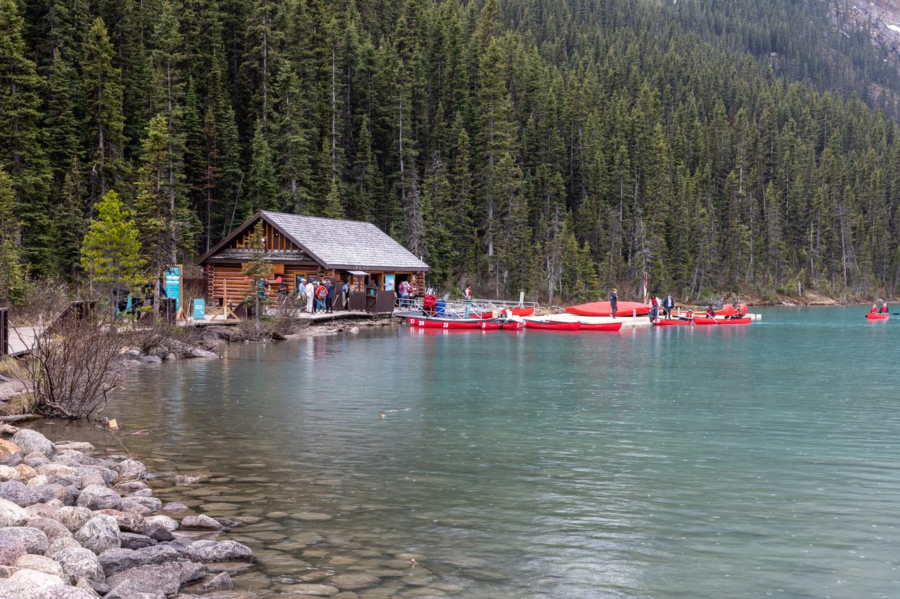 Turquoise water and mountain peaks at Lake Louise in Banff National Park
