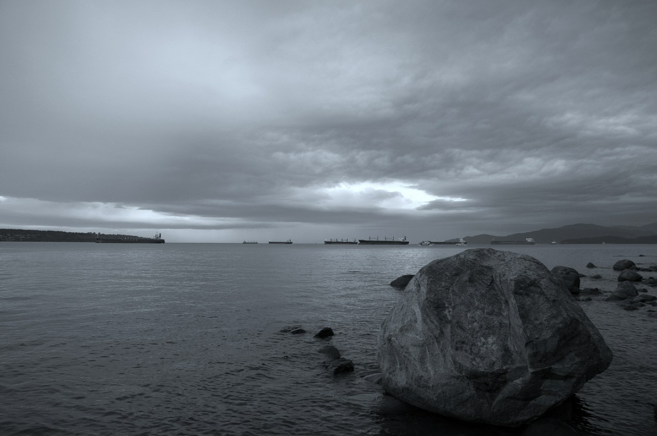 The Vancouver Seawall curving past Stanley Park with the downtown skyline beyond