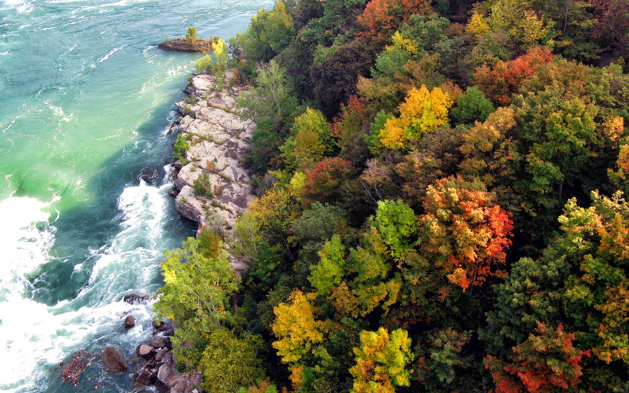Niagara Falls framed by autumn colours on the surrounding cliffs and trees