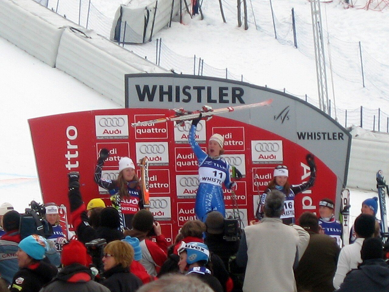 Skiers celebrating on the downhill podium at Whistler — winter sports need their own insurance rider