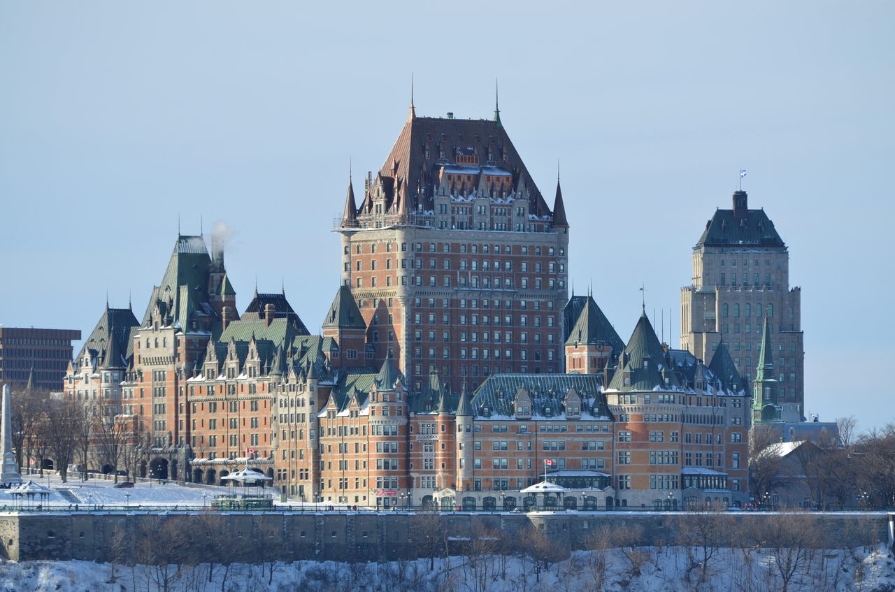 Château Frontenac towering over Old Quebec City on a winter day