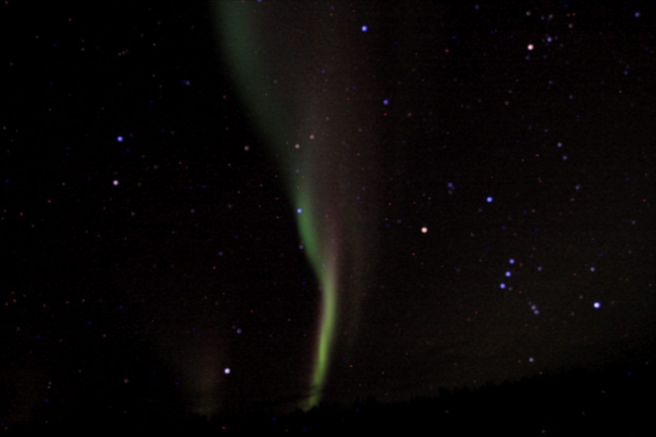Green aurora borealis dancing over a snowy landscape near Yellowknife