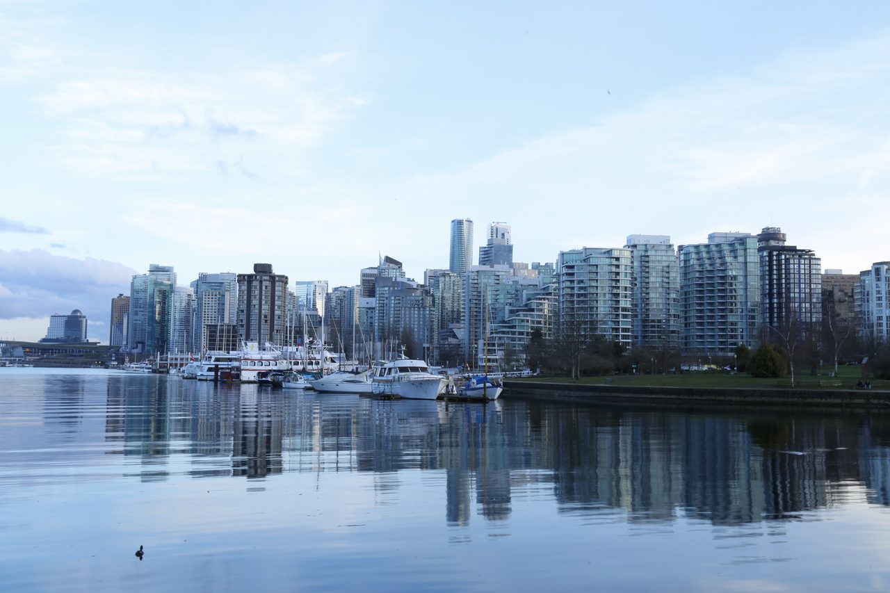 The Vancouver skyline viewed from Stanley Park across the water on a clear day