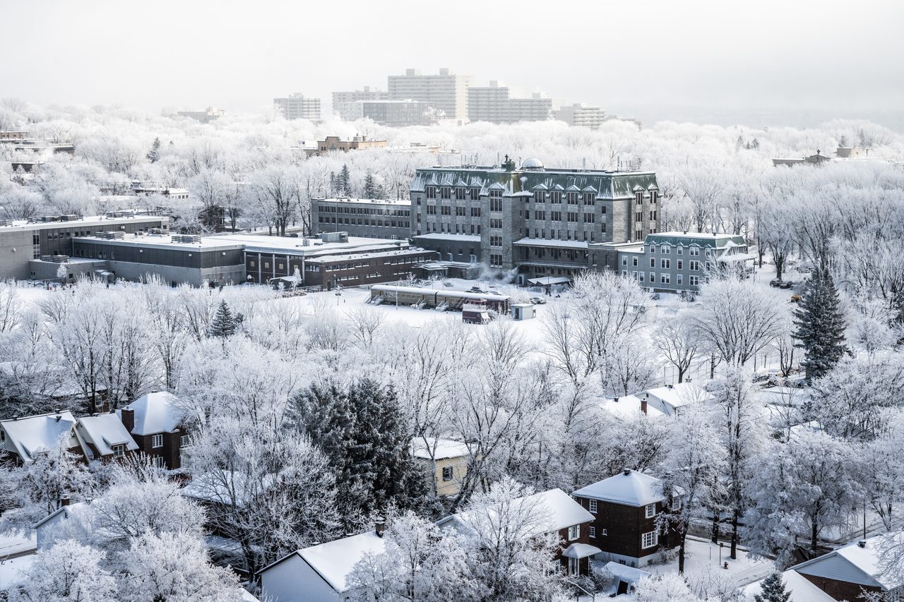 Snow-covered Quebec City skyline rising out of winter fog