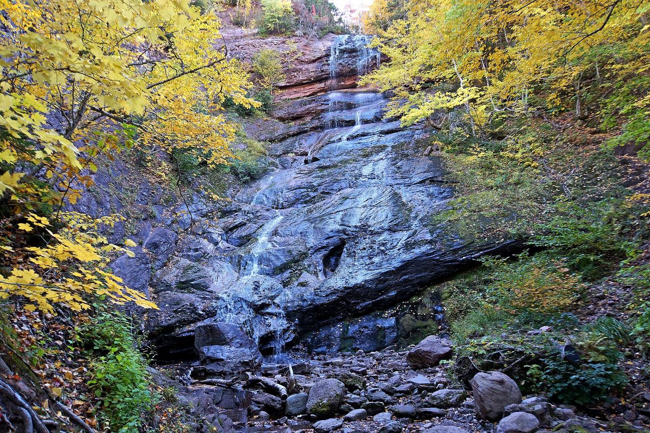 Beulach Ban Falls cascading over dark rock into a forest pool in Cape Breton Highlands National Park
