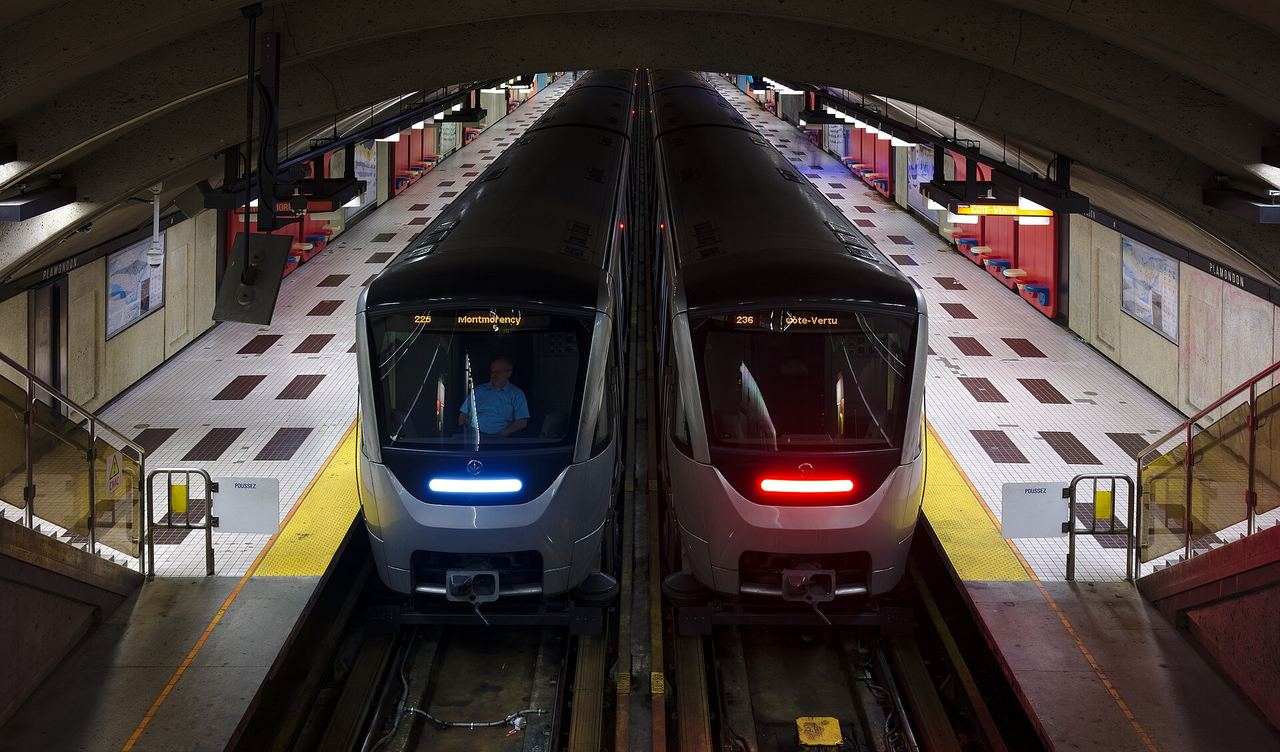 A Montreal Metro MPM-10 train stopped at Plamondon Station