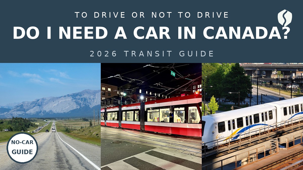 Title card: Do I need a car in Canada? 2026 transit guide — highway, streetcar and SkyTrain photos