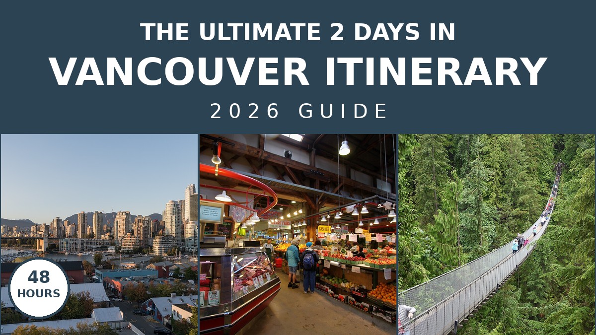 The Ultimate 2 Days in Vancouver Itinerary 2026 guide cover: Vancouver skyline, Granville Island market and Capilano Suspension Bridge