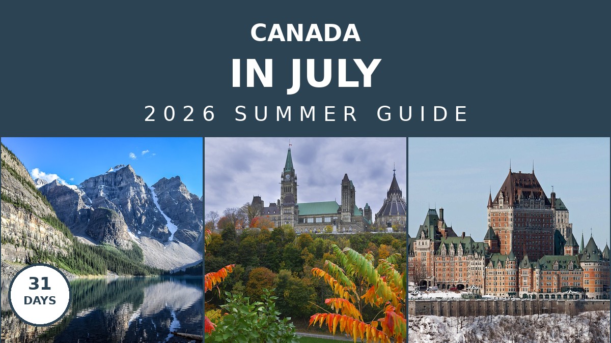 Canada in July 2026 summer guide: Moraine Lake, Parliament Hill Ottawa, and Chateau Frontenac Quebec City