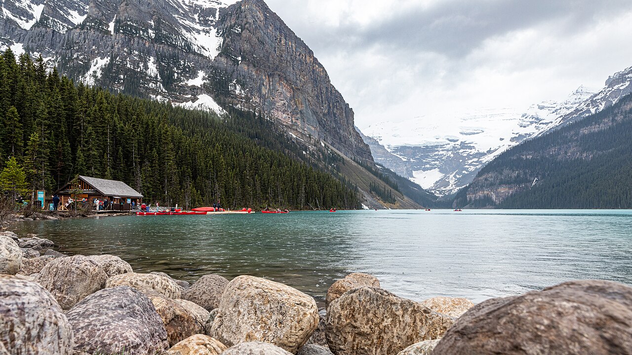 Lake Louise with turquoise water, the chateau and Victoria Glacier in Banff National Park