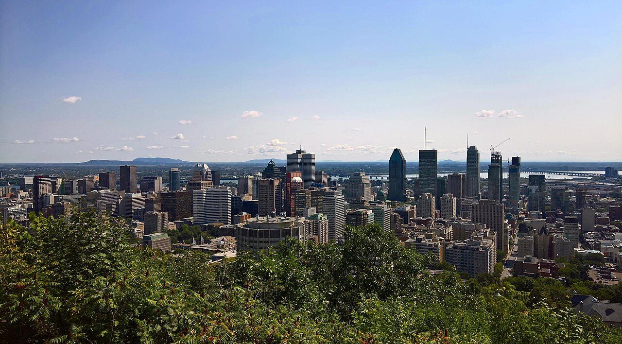 Panoramic view of downtown Montreal from the Kondiaronk Lookout in Mount Royal Park