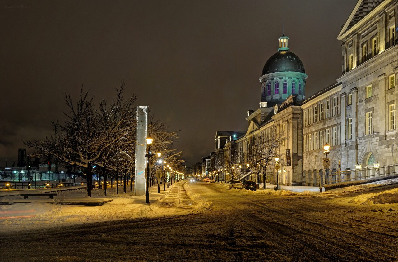 Marché Bonsecours under snow in Old Montreal on a winter day