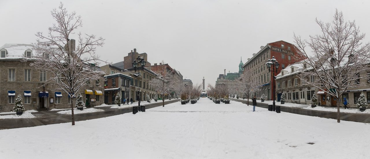 Place Jacques-Cartier in Old Montreal dusted with winter snow