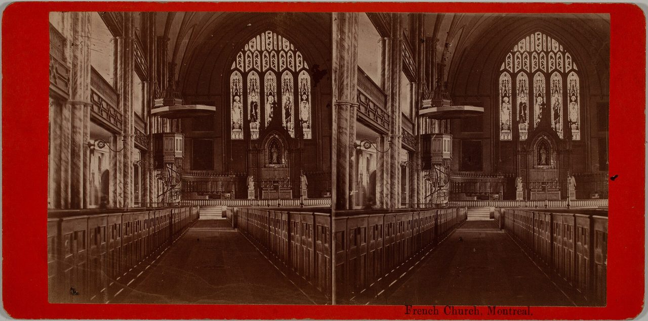 A historic photograph of the ornate wood interior of Notre-Dame Church in Montreal