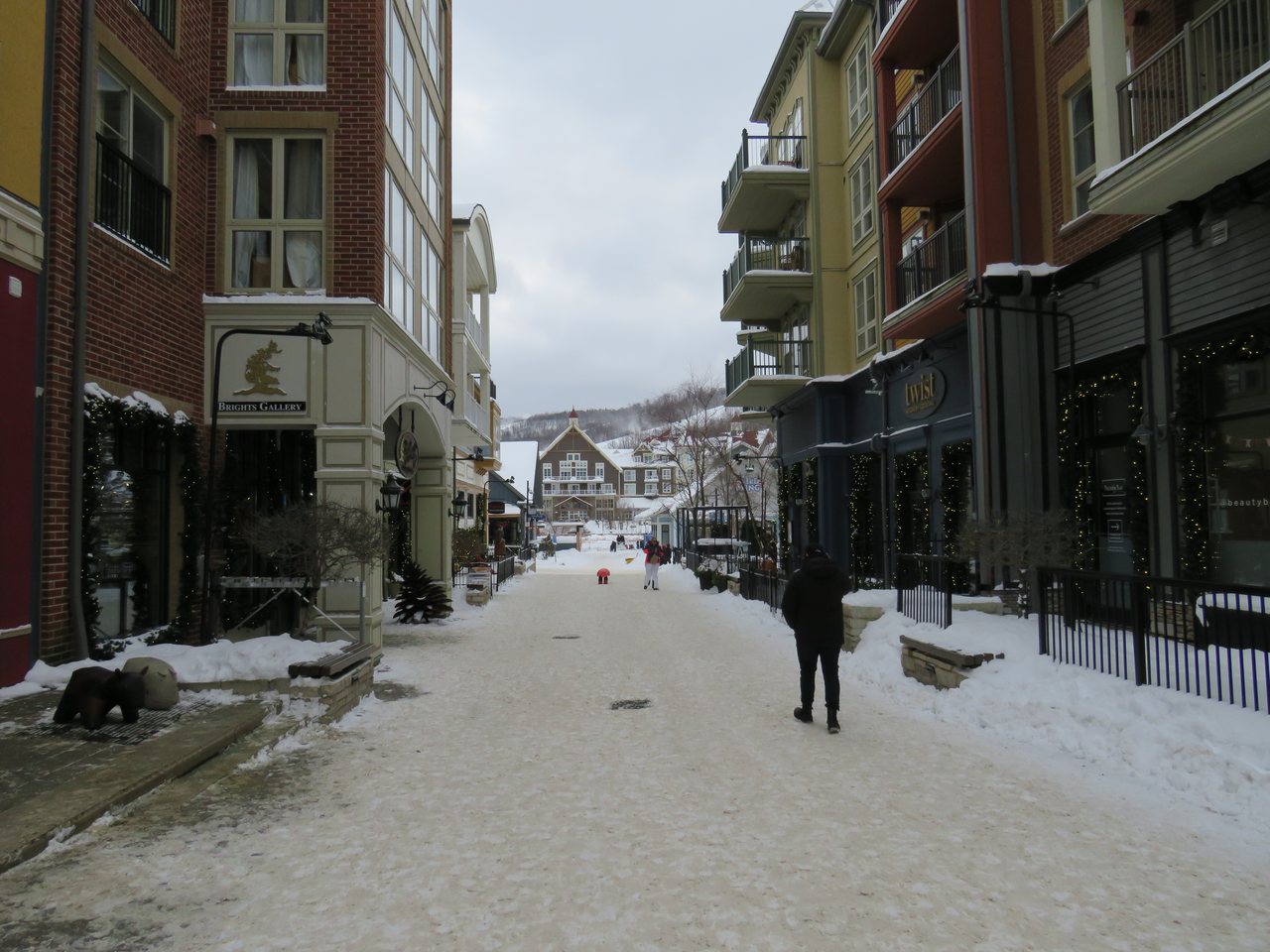 Pedestrian village street at Blue Mountain resort in Ontario's ski season