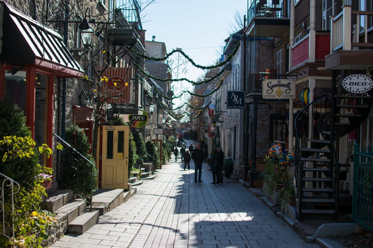 Cobblestone Rue du Petit-Champlain, the oldest shopping street in North America, in Lower Town Québec City