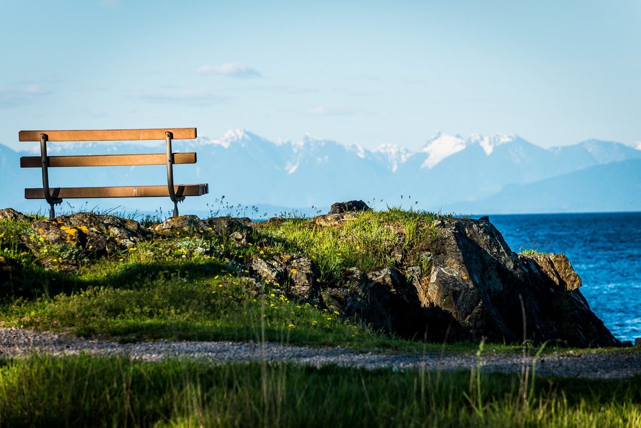 Rocky shoreline and forested coastline at Neck Point Park near Nanaimo