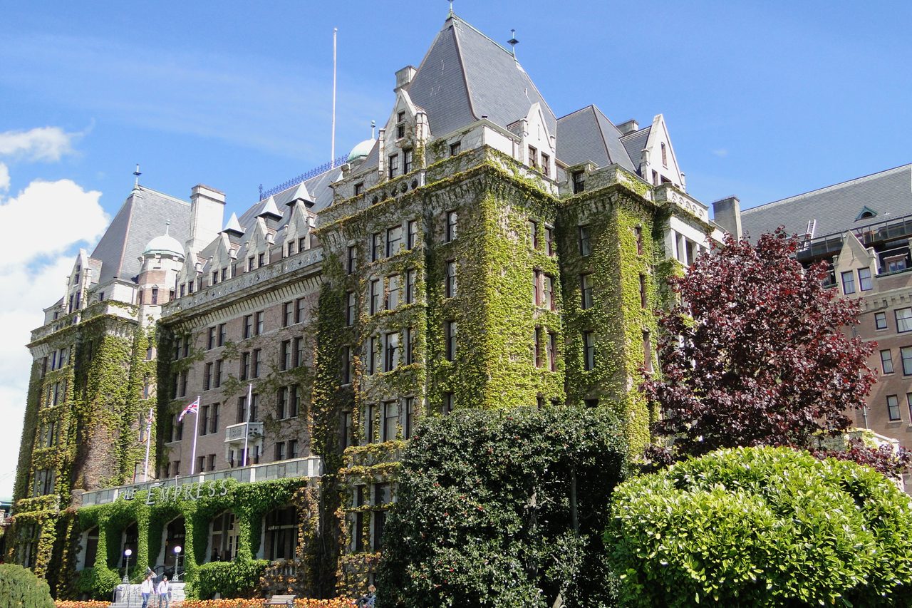 The Fairmont Empress Hotel's ivy-covered brick facade on Victoria's Inner Harbour