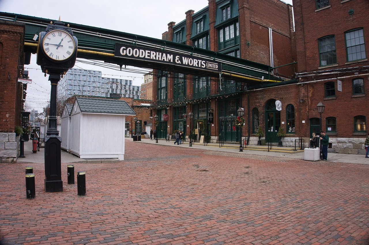 Historic brick buildings and cobblestone streets in Toronto's Distillery District