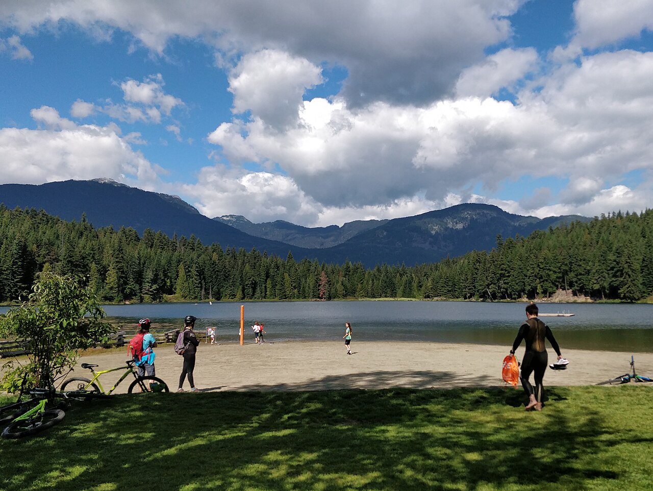 Calm water and forest shoreline at Lost Lake near Whistler Village