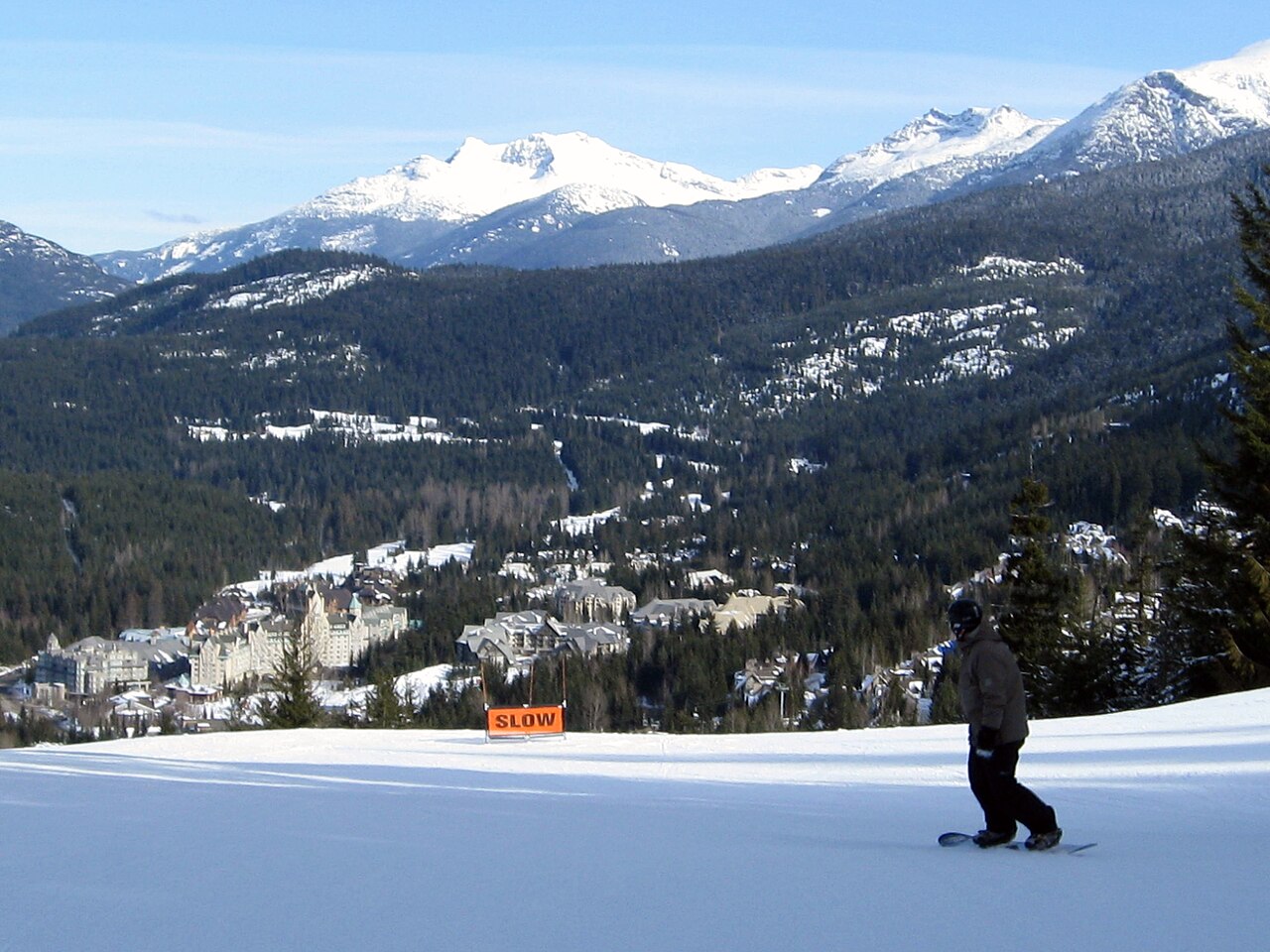 Pedestrian pathway leading toward Whistler Village with forested mountains beyond